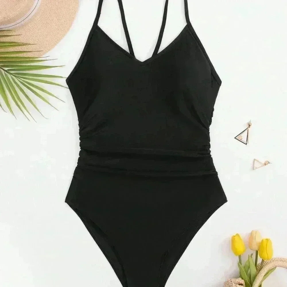 Black Women's Summer Beach Cut Out Ring Linked One Piece Swimsuit